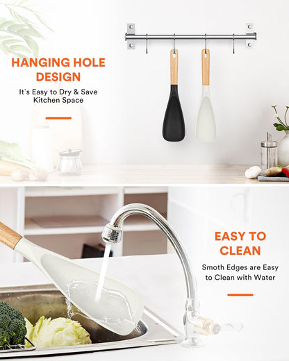 Cooking Spoon for Nonstick Cookwares, Great for Cooking and Serving Sturdy BPA-Free Matte Silicone, Wood Handle Spoon for Mixing, Scoop, and Scrape (Black & White, 11.4 inch)