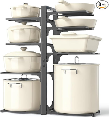 MUDEELA Pots and Pans Organizer Rack under Cabinet 20.8" Height, 8-Tier Adjustable Heavy Duty 120LBS Pot and Pan Organizer Rack inside Cabinet for Kitchen Organizer Cast-iron Pans, Heavy Cookware