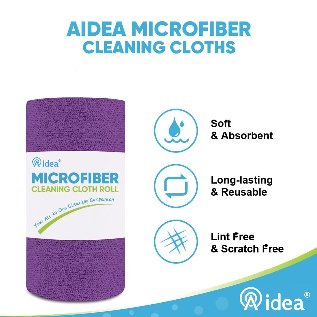 AIDEA Microfiber Cleaning Cloth Roll, 50PK, Reusable Paper Towels Tear Away Cloth, Microfiber Towels for Cars, Lint Free Cleaning Rags for House, Kitchen, Window, 11.5"×11.5", Purple