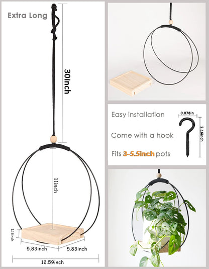 Dravmola Plant Hanger with Wood Base - Boho Macrame Hanging Plant Holder for Indoor Plants Hanging Planter for Wall /Window/Room Decor Black (Pot & Plant Not Included)