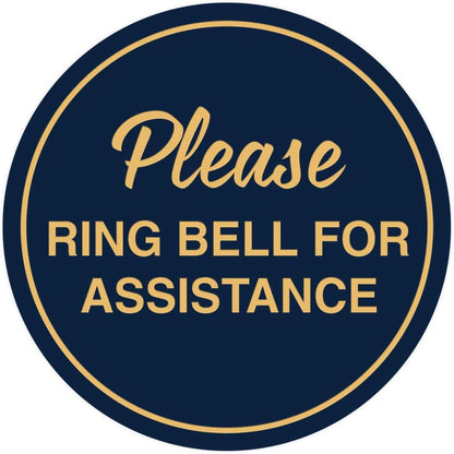 Signs ByLITA Circle Please Ring Bell For Assistance Wall or Door Sign | Easy Installation | Front Desk Reception Sign (Navy Blue/Gold) - Medium (1 Pack)
