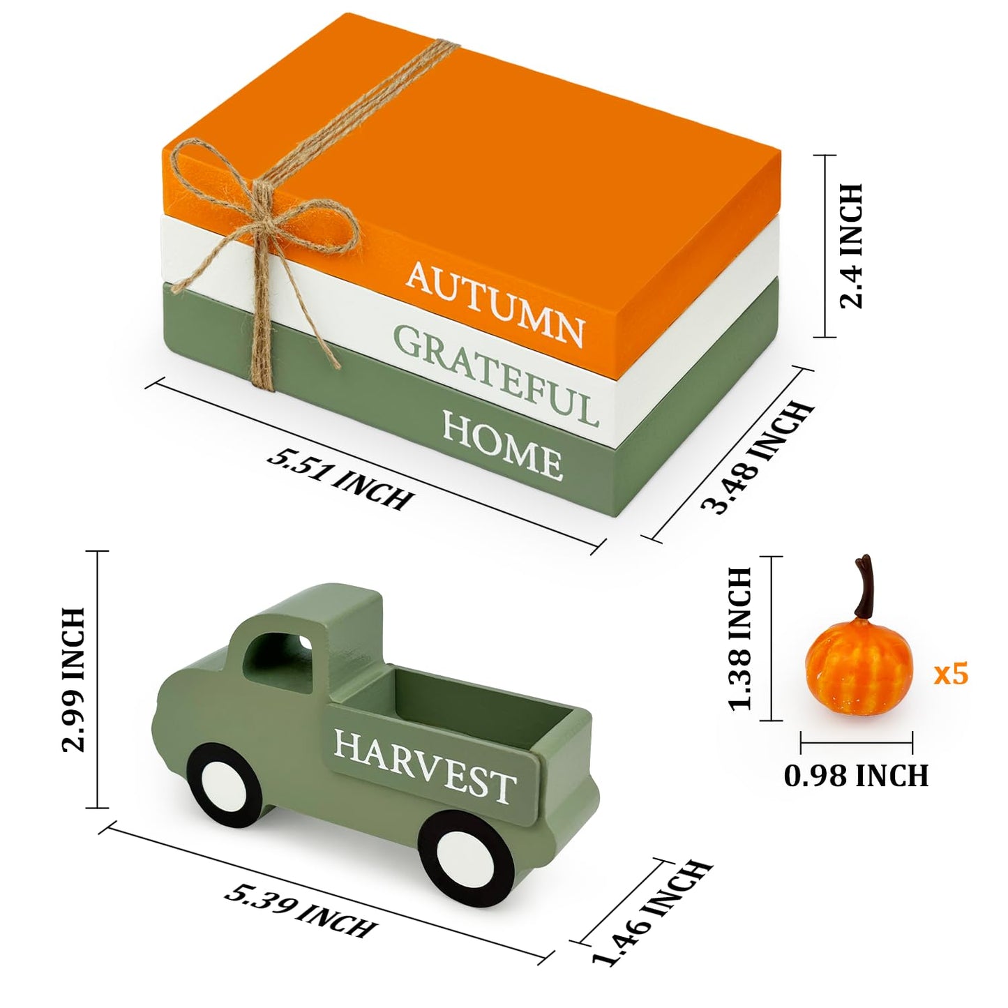 Thanksgiving Decorations for Home Indoor, Wooden Farmhouse Harvest Decor Signs with Book Stack, 3D Truck, 5 Pumpkins for Office Table Tiered Tray, Thanksgiving Centerpiece Gifts for Bedroom Desk
