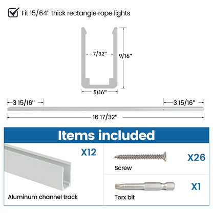 Muzata Rope Lights Track, Aluminum U Shape, Fits 6mm Width, 12 Pack, Silver, Model MZZ1933