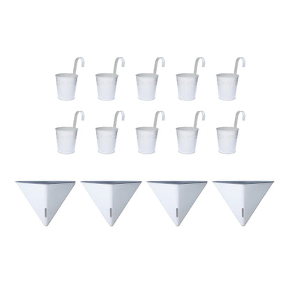 LaLaGreen Bundle- 10 Pack, 4 Inch White Metal Pot + 4 Pack, 12 Inch Geometric Self Watering Pot Modern Stylish Hanging Flower Vase Vessel Rail Porch Deck Window Herbs Plant Holder Indoor Garden Decor