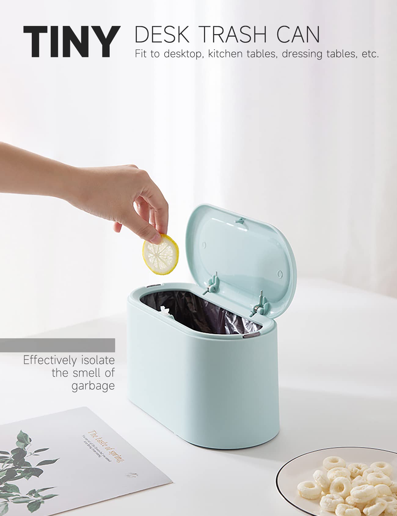 MONGTINGLU Mini Trash Can with Lid Removable Small Garbage Can, Tiny Plastic Trash Bin, Pop Up Countertop Wastebasket, Counter Garbage Lint Bin (Light Blue)