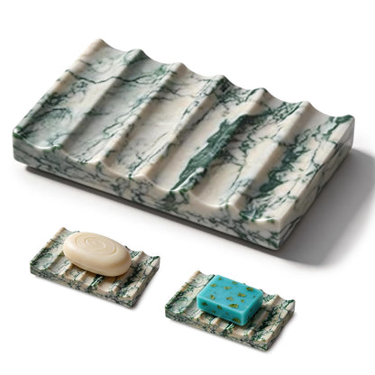 Green Marble Soap Dish, Natural Stone Soap Tray for Shower, Elegant Bar Soap Holder for Bathroom, Kitchen, Countertop, Waterfall Design for Fast Drying