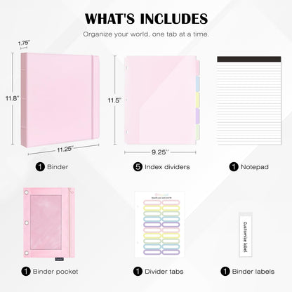 Ospelelf Leather 3 Ring Binder for Letter Size Documents with PVC Pocketed Dividers, 1 Inch Round Rings, Holds 175 Sheets, Binders with Storage Bag & Notepad, for Office School Home Organization, pink