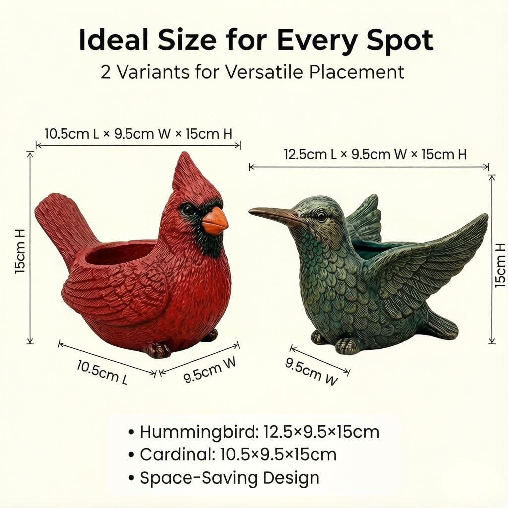 BoniIllusion 2026 Cardinal Bird Succulent Planter, Red Resin Hummingbird Succulent Pot with Drainage Hole, Nature-Inspired Decorative Flower Pot for Indoor Outdoor Garden Desk Decor (Hummingbird)