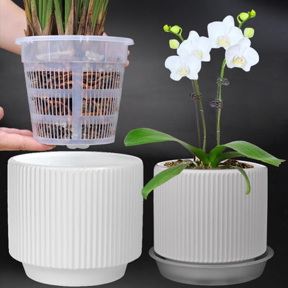 MUZHI Ceramic Orchid Pot with Holes and Drainage Tray Set of 2, 5+6 Inch, Double Layer Orchid Planter with Clear Plastic Inner Net Baskets Pots for Repotting