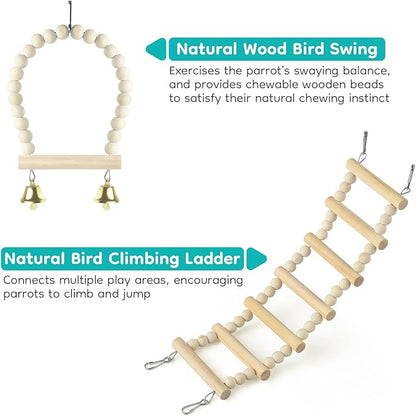 DBNESS Bird Perch Toys, Wooden Ladder Perch for Cage, Parrot Platform Stand Colourful Swing Hammock Climbing Bridge Exercise Cage Accessories for Budgies Cockatiels Lovebirds Hamster (5 in 1)