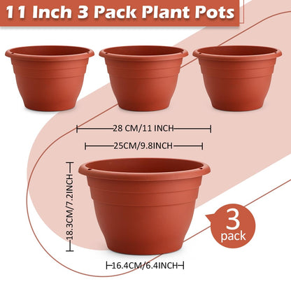 RooTrimmer 3 Pack 11 Inch Plant Pots Lightweight Planters with Drainage Holes,Durable Indoor & Outdoor Flower Pots for Garden,Patio & Home Decor(Pottery Red)
