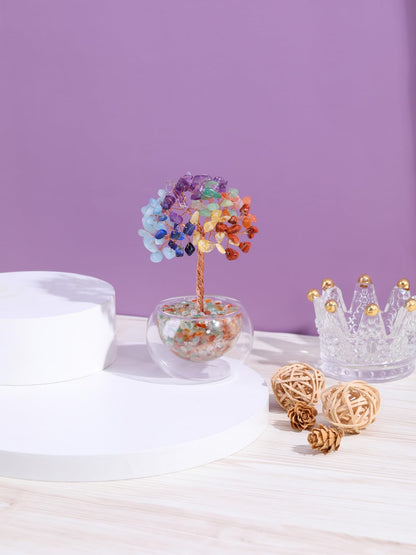 Jovivi 7 Chakra Crystal Trees Hollow Glass Base,4.72"-5.12" Natural Gemstone Healing Crystals Tree of Life Bonsai Money Tree for Home Office Table Decor Wealth and Luck
