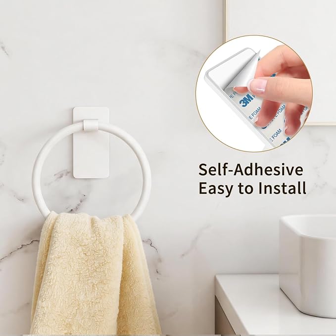 STWWO Adhesive Towel Ring, Hand Towel Holder for Bathroom, Adhesive Round Towel Ring for Bath RV, White