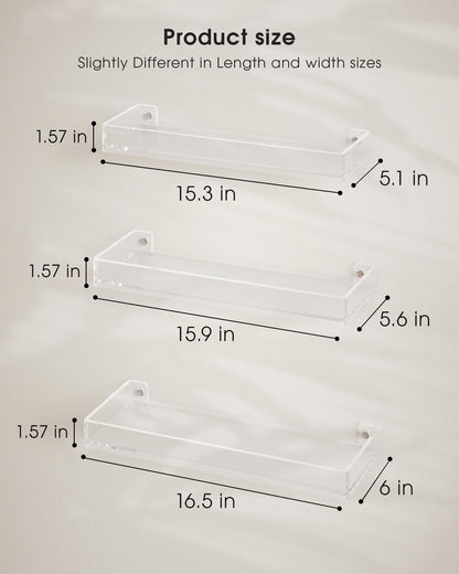 MaxGear Acrylic Clear Floating Shelves with Edge, Wall Mounted Hanging Bookshelves, Decorative Display Wall Shelves Storage Organizer for Bathroom, Bedroom, Kitchen, Easy Installation, Set of 3