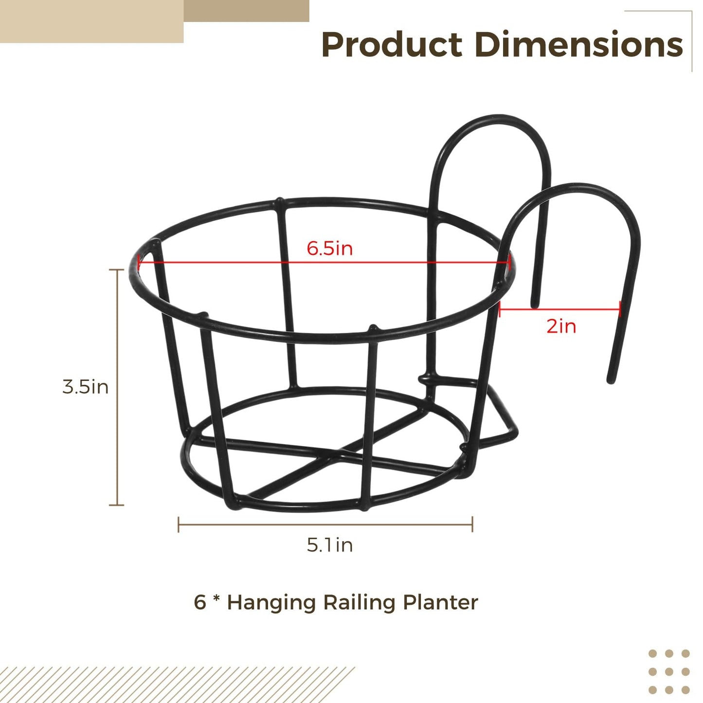 6 PCS Round Hanging Railing Planters, Hanging Flower Stand Iron Baskets, Hanging Planters for Outdoor Plants, Metal Rack Fence Shelf Plant Holder with Hooks for Balconies, Gardens, Indoor Spaces