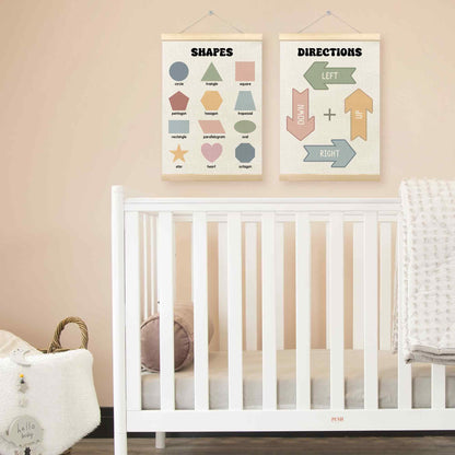 TLESKE Shapes Directions Chart Poster Hanger Frame for Toddler Kid Classroom Set of 2, Homeschool Hanging Wall Art Decor for Nursery Playroom, Preschool Prek Learning Educational Poster, 12x16