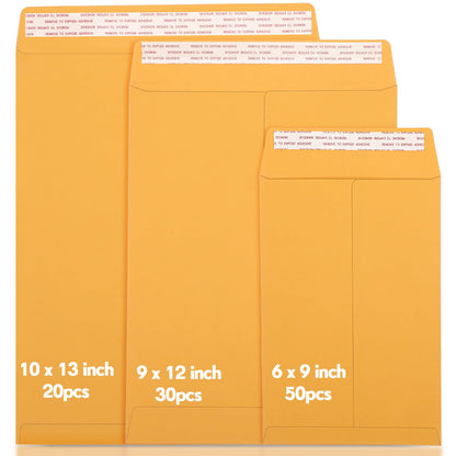 Chivertion 100 Pcs 3 Sizes Catalog Mailing Envelopes, Peel and Seal, Anti Tear Kraft Paper Printable Catalog Envelope for Filing, Storing or Mailing Documents, 6 x 9 In, 9 x 12 In, 10 x 13 In (Yellow)