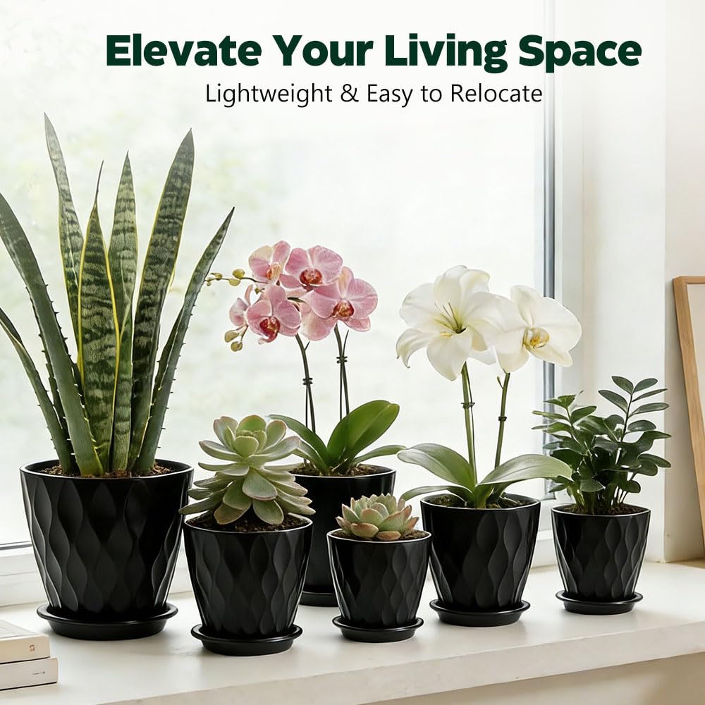 KEETUMOOD Plant Pots, Self Watering Planters with Drainage Holes and Trays, Flower Pots for Indoor Outdoor - 6 Pack(4/5/6/6.5/7/8 Inch) (Black)