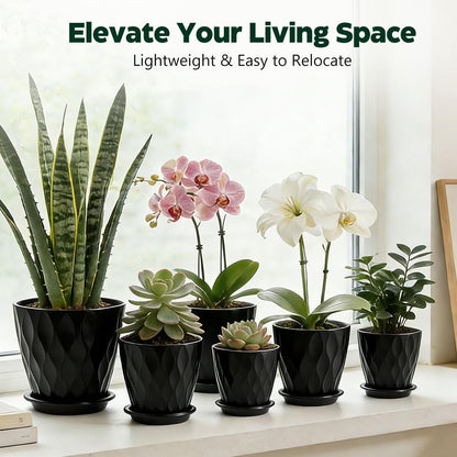 KEETUMOOD Plant Pots, Self Watering Planters with Drainage Holes and Trays, Flower Pots for Indoor Outdoor - 6 Pack(4/5/6/6.5/7/8 Inch) (Black)