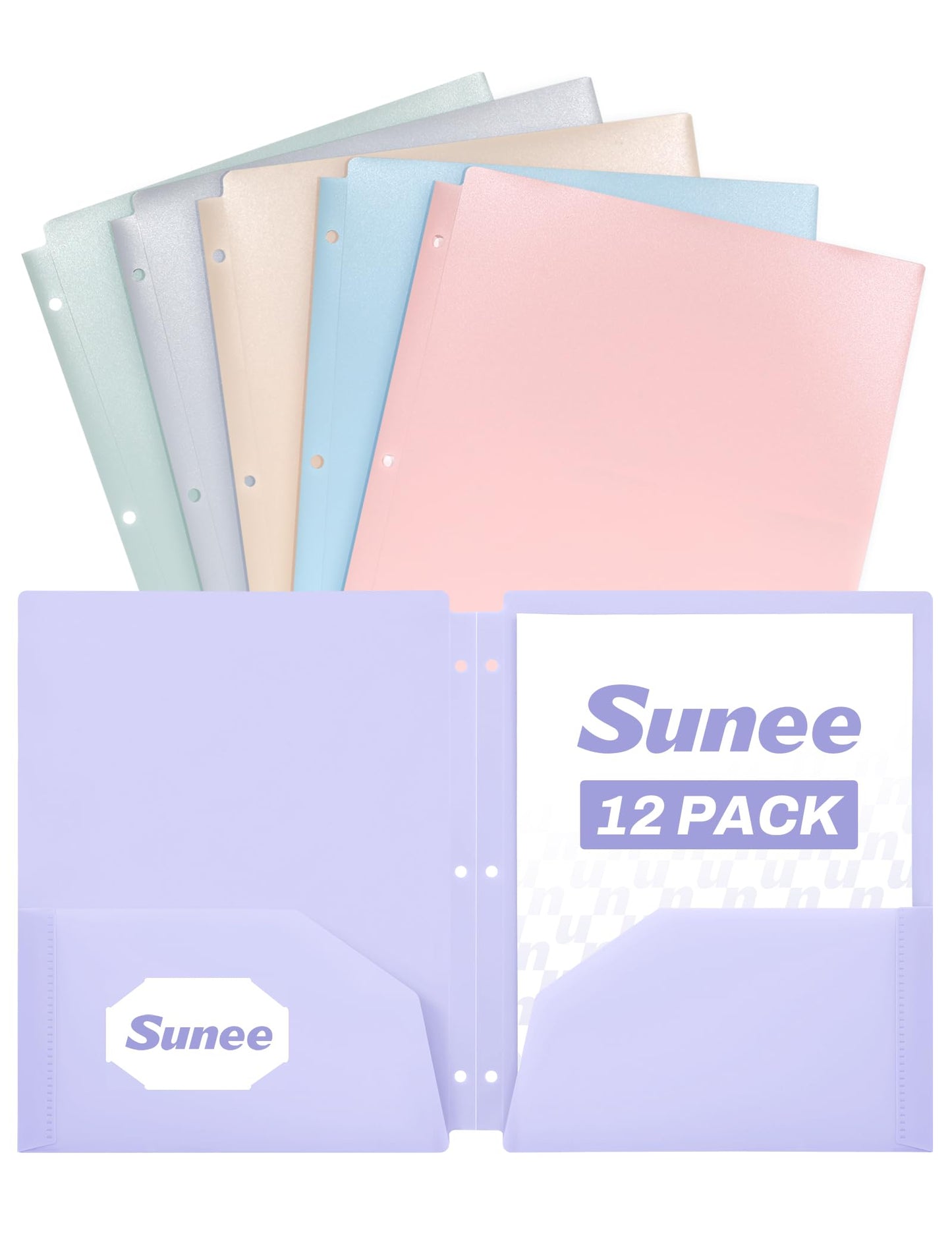 SUNEE 3 Hole Pocket Folders (12 Pack, Pastel Color) Plastic Pocket Folders for 3 Ring Binder, 3-Hole Punched Folders with Pockets, for Kids, Students, Teachers, Office Staff