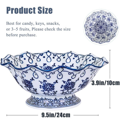 Blue and White Decorative Fruit Bowl for Kitchen Counter - 9.5" Large Ceramic Fruit Pedestal Bowl for Home Table Decor, Blue and White Chinoiserie Floral Decor, Large China Footed Fruits Bowls Basket