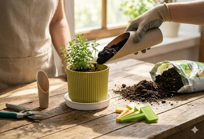 Complete DIY Gardening Starter Kit – 12cm (4.7") Ribbed Planter Pot with PP Saucer, 2 Cylindrical Soil Scoops for Repotting, & 20-Pack Writable Garden Labels – Lightweight Plant Set for Beginners