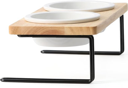 FUKUMARU Elevated Cat Ceramic Bowls, Small Dog Raised Food Feeding Dishes, Solid Wood Water Stand Feeder Set for Cats and Puppy