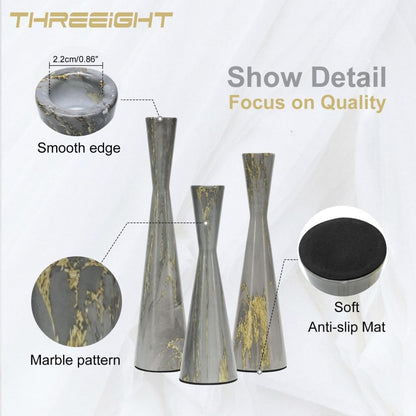 Threeight Metal Taper Candle Holders Set of 3 for Pillar Candles, Grey Marble Pattern Candle Stick Set Modern Decorative Centerpiece for Table Mantel,Wedding Housewarming Present,Dinning Party