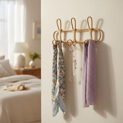 KH866 Boho Rattan Wall Hooks – Handmade Wall Mount Coat & Towel Rack, Natural Beige Hanging Organizer for Clothes, Hats, Towels, and Bags, Perfect for Entryway, Bedroom, Living Room (15.7x7.9 Inch)