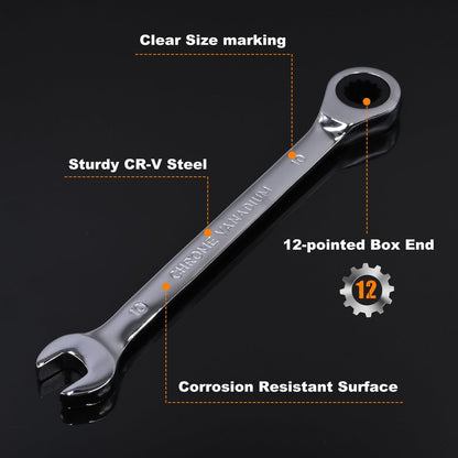 Egofine Ratcheting Wrench Set, 6 mm - 24 mm Metric Wrench Set 18pc, 72 Teeth Combination Wrenches Set, Chrome Vanadium Steel with a Roll Up Storage Bag