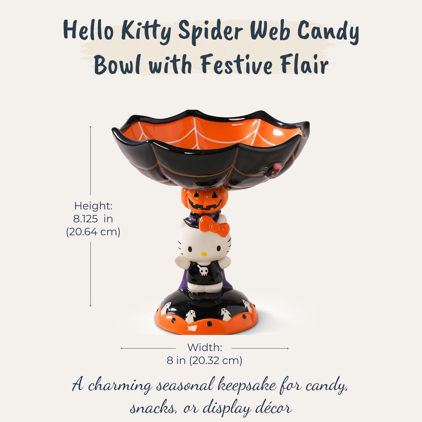 Blue Sky Clayworks HELLO KITTY Spider Web Pedestal Candy Bowl, Ceramic 8" L x 8" W x 9" H, Halloween Party Centerpiece