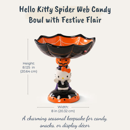 Blue Sky Clayworks HELLO KITTY Spider Web Pedestal Candy Bowl, Ceramic 8" L x 8" W x 9" H, Halloween Party Centerpiece