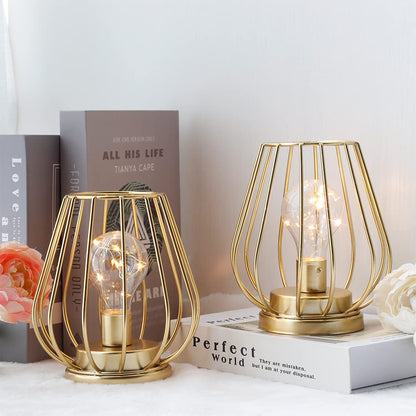 TRIROCKS Set of 2 Metal Battery Operated Lamp 7'' Tall Mini Cage Shape Cordless Table Lamp Battery Lanterns with Warm Fairy Lights Bulb for Patio Garden Wedding Parties Indoor Outdoor(Gold)