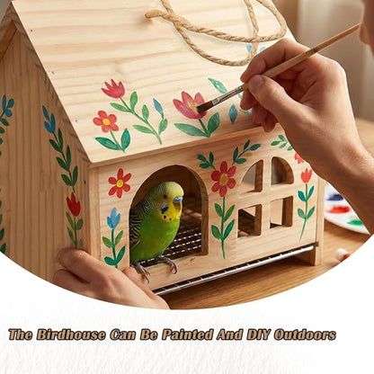 DQITJ Bird Cage Nesting Box Wooden Breeding Nest with Stainless Steel Bottom Mesh for Parrot Budgie Conure Lovebird Finch Parakeet Cockatiel Small Bird