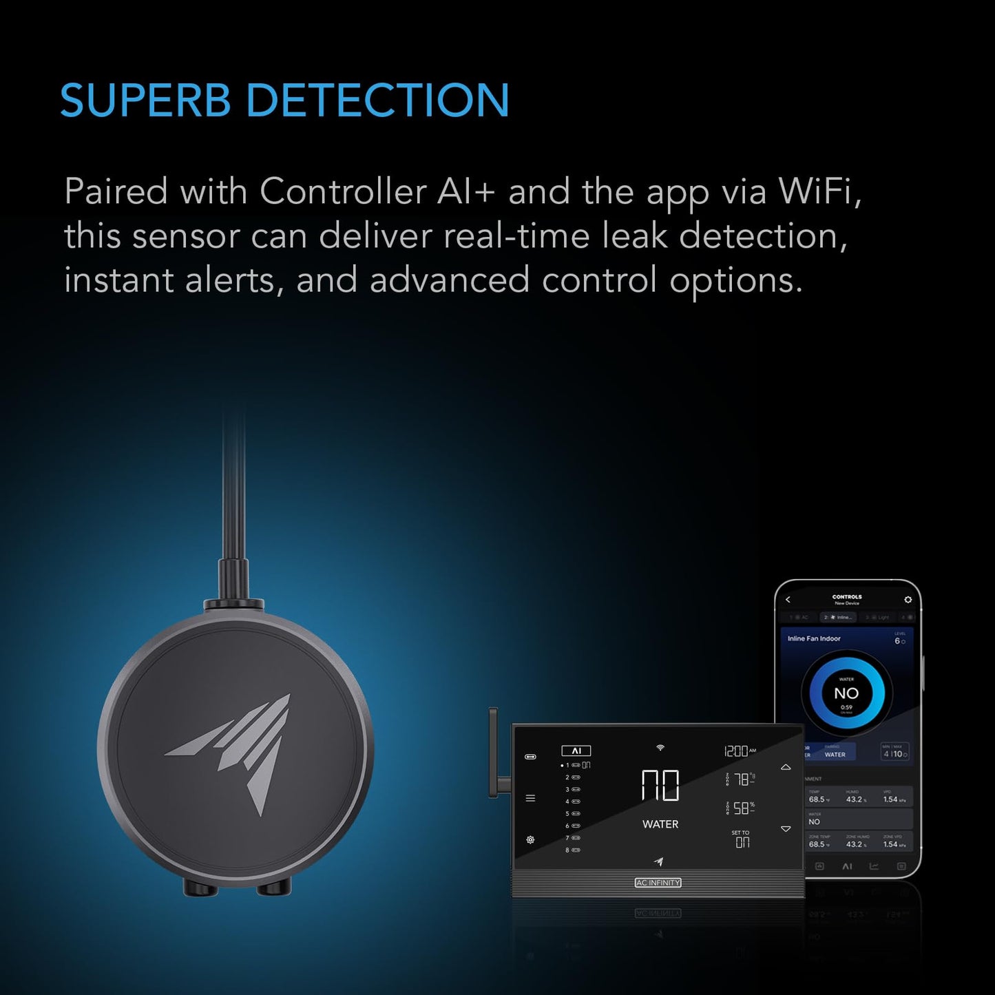 AC Infinity Water Detection Sensor Exclusively for AI Controllers, Monitor Presence of Water in Gardens, Grow Tents, Grow Spaces, Suction and Magnetic Mounting, IP68 Seal Protection