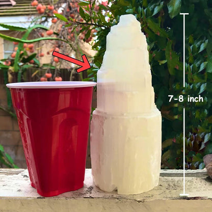 JIC Gem Natural Selenite Lamp 8" White Selenite Crystal Rock Tower Lamp with Switch Cord and LED Bulb