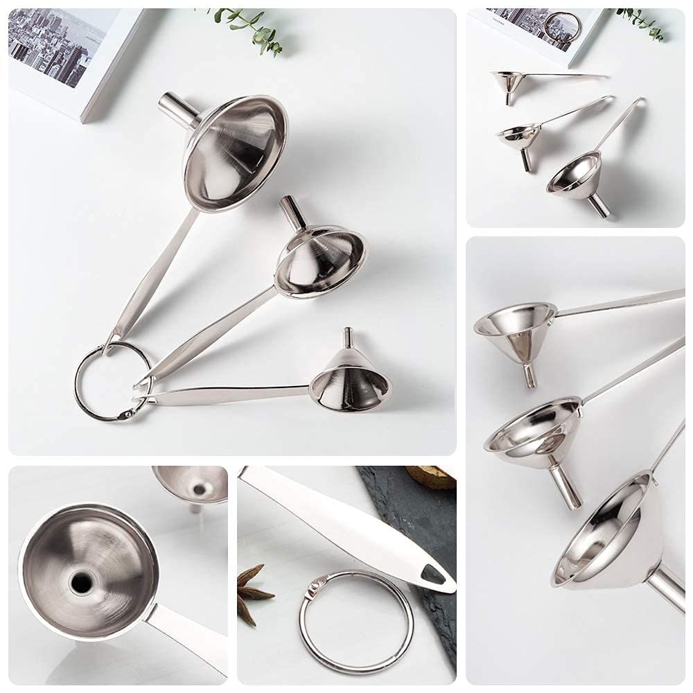 3 in 1 Metal Funnels for Filling Bottles Stainless Steel Small Kitchen Funnel Set for Transferring Essential Oils Liquid Fluid Spice Dry Ingredients Powder, Durable (‎Long-Handled Funnel)