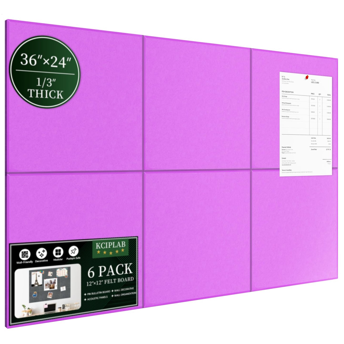 Large Cork Bulletin Board for Wall 36"x24", 6 Pack Felt Wall Tiles with 50 Pushpins, 30 Safe Removable Adhesive Tabs, Decorative Pin Board Tack Board for Office Home School, Purple