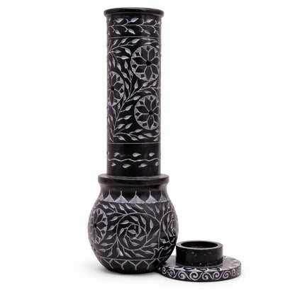 KC KULLICRAFT Hand Carved Marble Soapstone Incense Stick Holder – Black Incense Burner with Ash Catcher Base, Tea Light & Camphor Holder, Decorative Home & Puja Decor (3 x 3 x 10 Inch).