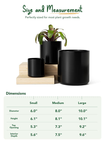 LE TAUCI Ceramic Pots for Plants, 10/8/6 Inch Indoor Planters with Draiange Hole, Silicone Plug & Mesh Pad, Modern Minimalist Pots for Home Office, Set of 3, Satin, Black
