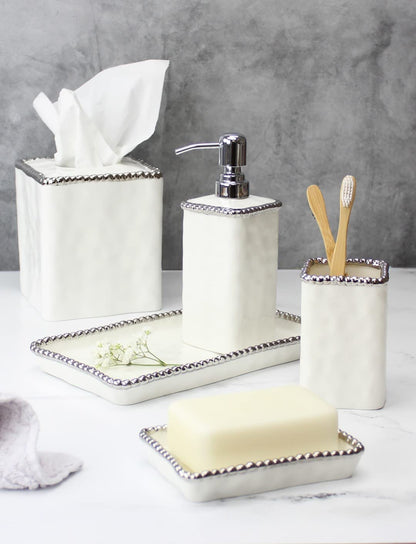 Pampa Bay VAN2718W Toothbrush Holder with Silver Beads, 4.5-inch Height, Porcelain