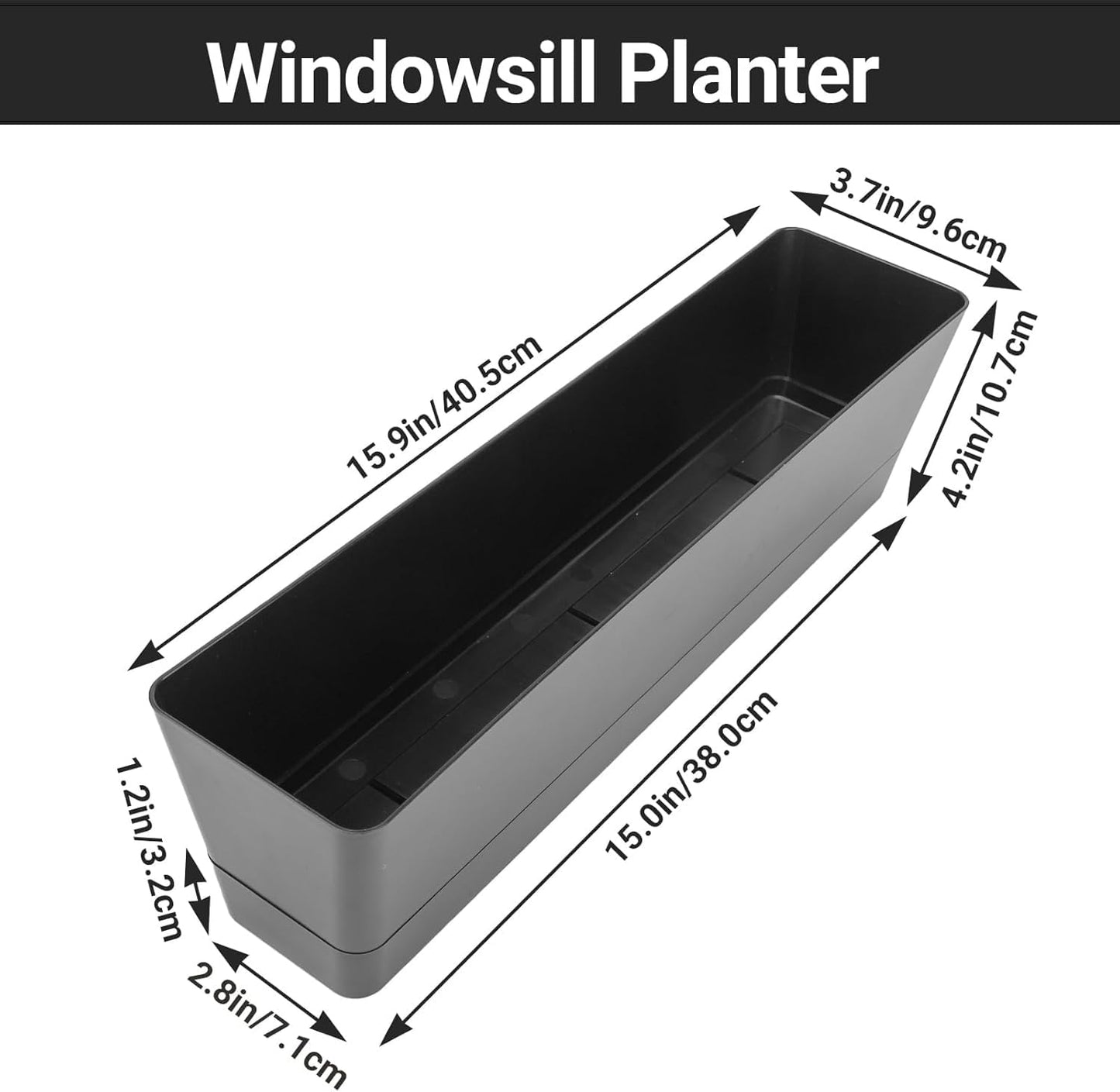 GREANER Window Boxes Planters with 100PCS 6inch White Plant Label, 3PCS 16x3.8 Inch Black Rectangle Planters Box with Drainage Holes and Trays, Herb Succulents Flowers Plastic Pot for Windowsill, Gard