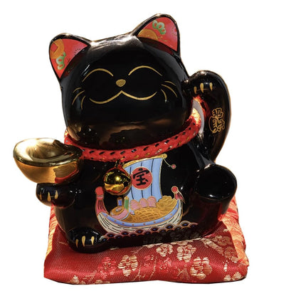 FANCYPUMPKIN 4.5 inch Lucky Cat Decoration Asian Good Fortune Cat - Glossy Black Ceramic Figurine
