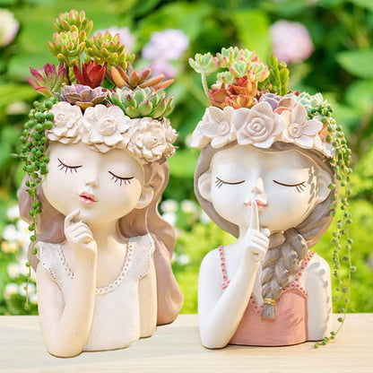 Snowy sunday Large Girl face planters -2pack Cute Big Succulent Pot with Drainage Hole Tall Lady Head Planter Resin Flower Pot Decorative vase for Indoor and Outdoor Plants Gifts for mom/Aunt/Lover