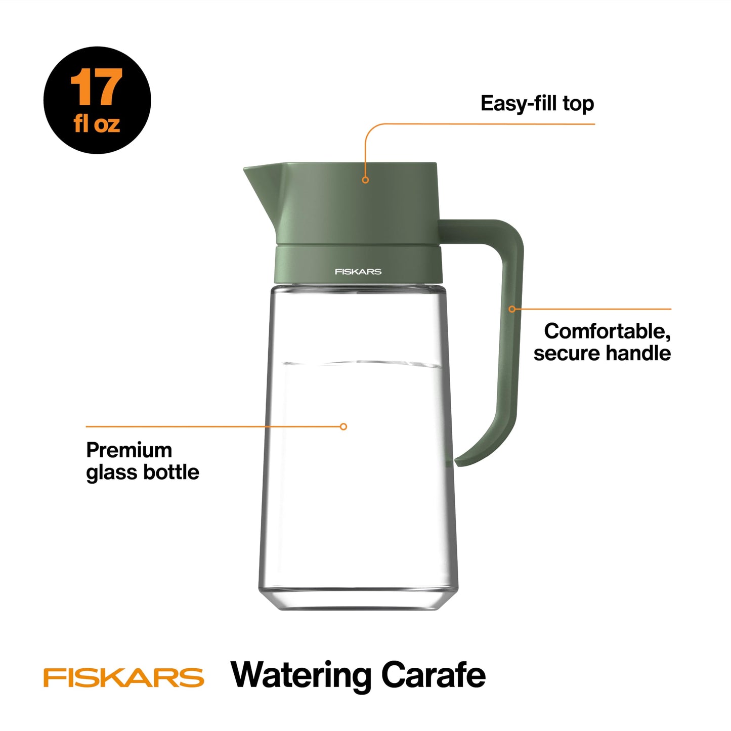 Fiskars Glass Watering Can for Indoor Plants, Small Pitcher for Succulents & Herbs, Easy Fill Top Design and Mess Free Pouring with Narrow Spout for House Plants, Modern Decor Style, 17 oz, Clear