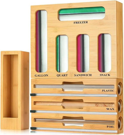 9 in 1 Storage Bag Organizer for Kitchen Drawer,Bamboo Foil and Plastic Wrap Dispenser with Cutter, Organizers Compatible Gallon, Quart, Sandwich Snack