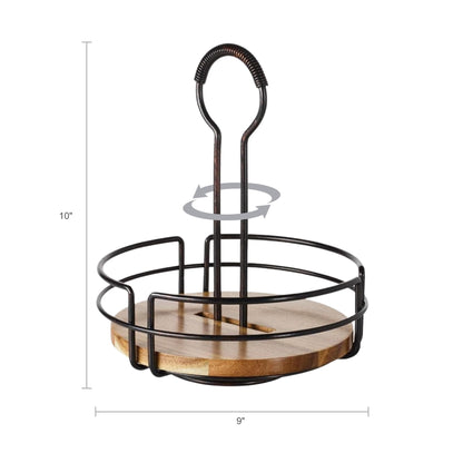 Mikasa Gourmet Basics Hanover Condiment Caddy with Rotating Caddy Organizer Design, Acacia Wood Insert - Durable, BPA-Free, Heavy-Gauge Carbon Structured Steel for Condiment Storage