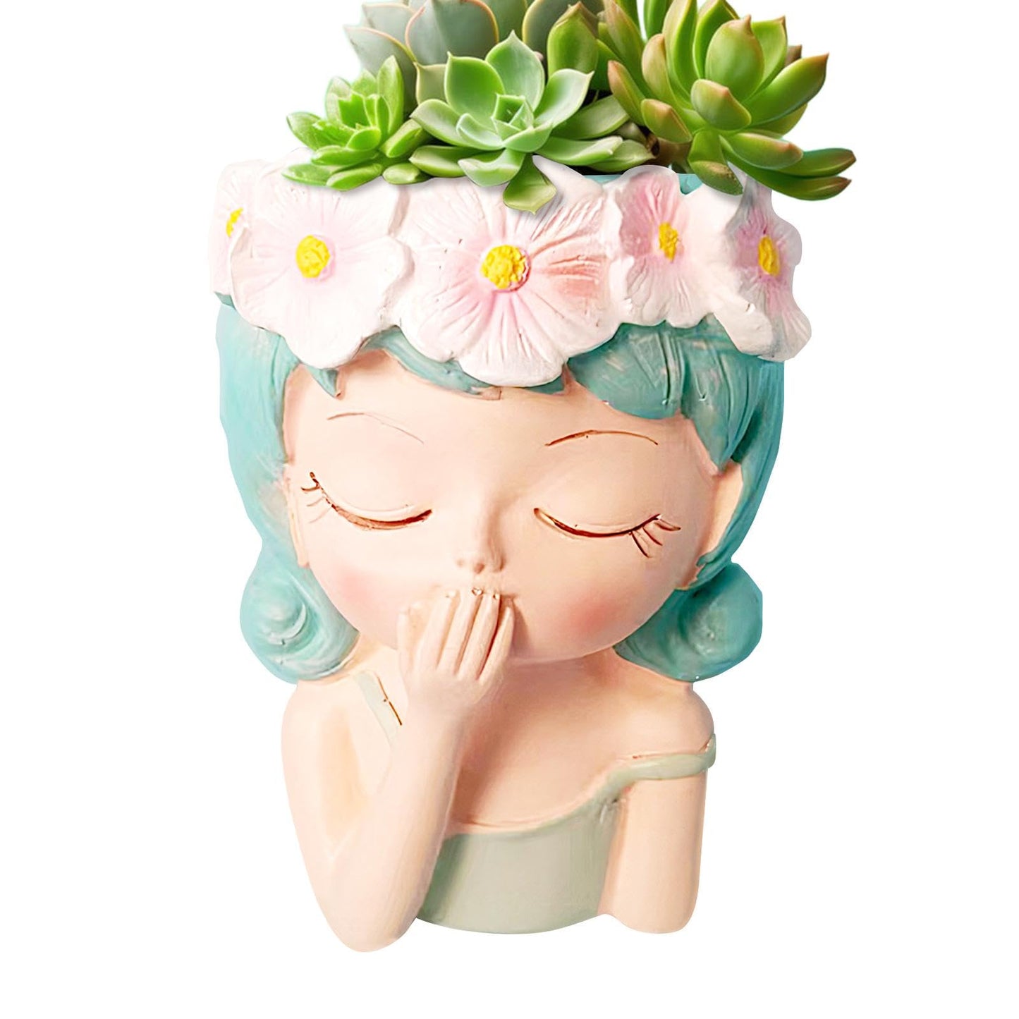 Flower Face Planter - Head Planter, Face Planters | Resin Planter with Drainage, Painted for Girl, Eyes Closed, Cactus Vase for Balcony, Indoor Outdoor Garden
