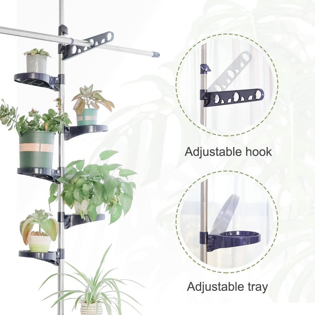 BAOYOUNI Indoor Tension Plant Pole Stands Double Rods Flower Pots Storage Shelf Floor to Ceiling Display Rack Hanger with 12 Trays, 2 Hooks & 1 Telescopic Rod for Clothes Drying, Navy Blue