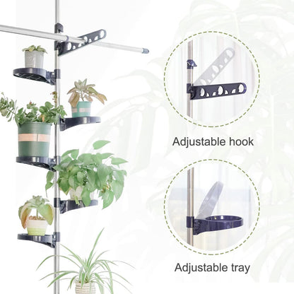 BAOYOUNI Indoor Tension Plant Pole Stands Double Rods Flower Pots Storage Shelf Floor to Ceiling Display Rack Hanger with 12 Trays, 2 Hooks & 1 Telescopic Rod for Clothes Drying, Navy Blue